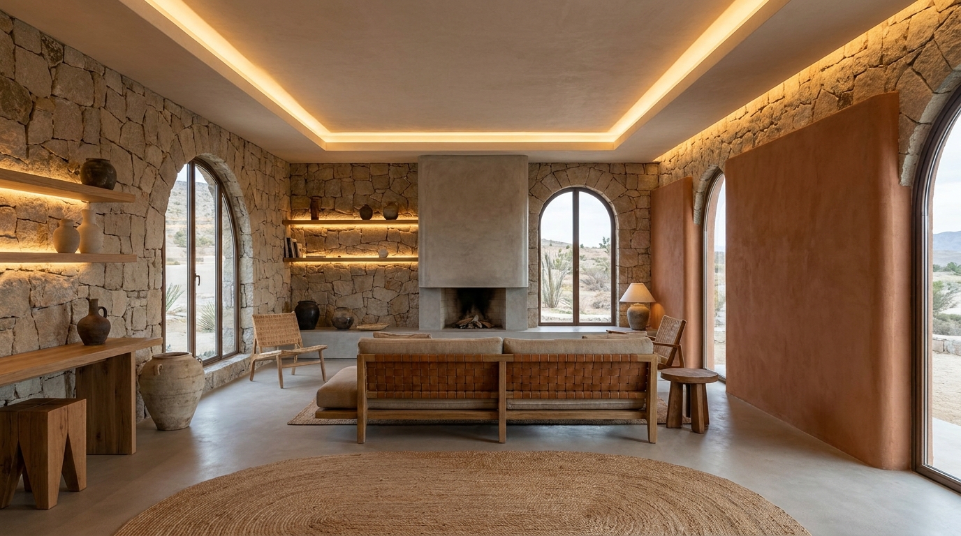 Земляний люкс: як поєднати необроблені текстури (камінь, глину) з преміальним дизайном.