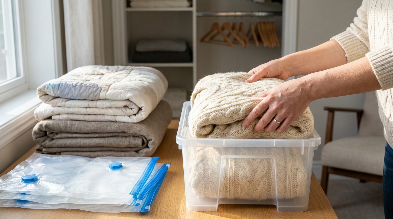 Зберігання сезонних речей: як упакувати зимовий одяг і ковдри.