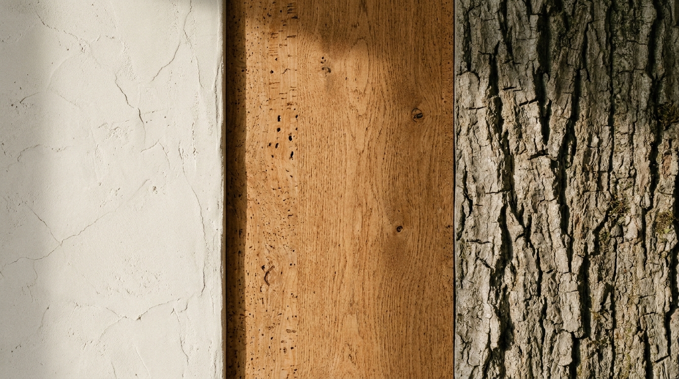 Текстурні стіни: гіпс, коркове дерево та панелі «під кору», до яких хочеться торкатися.